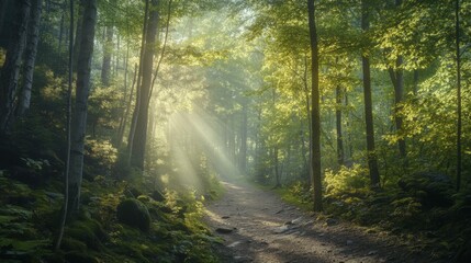 Fototapeta premium Hiking Path Through a Forest with Sunlight Filtering