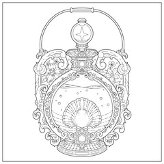 Premium vector. Beautiful bottle souvenir with clam and water inside it. Learning and education coloring page illustration for adult and children. Vector outline style, black and white drawing. 