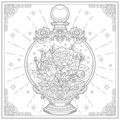 Premium vector. Beautiful bottle souvenir with flower and leaf inside it. Learning and education coloring page illustration for adult and children. Vector outline style, black and white drawing. 