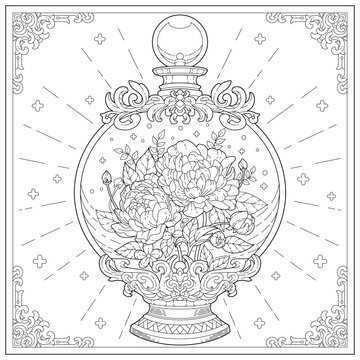 Premium vector. Beautiful bottle souvenir with flower and leaf inside it. Learning and education coloring page illustration for adult and children. Vector outline style, black and white drawing. 