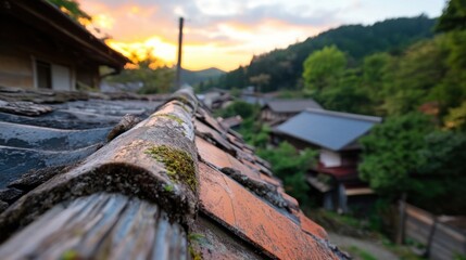 緑豊かな伝統的な日本の村の屋根の上に昇る美しい日の出