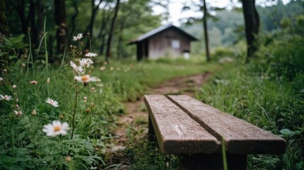 Fototapeta premium 静かな森の中にある野の花に囲まれた素朴な小屋と木製のベンチ