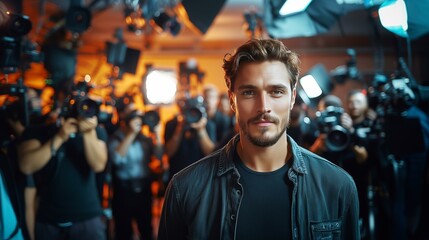 Obraz premium Confident man amidst paparazzi cameras in studio setting