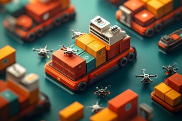 Obraz premium Cutting edge Afrofuturistic global logistics ecosystem featuring high tech cargo vessels with drone swarms sprawling port complexes with automated warehouses