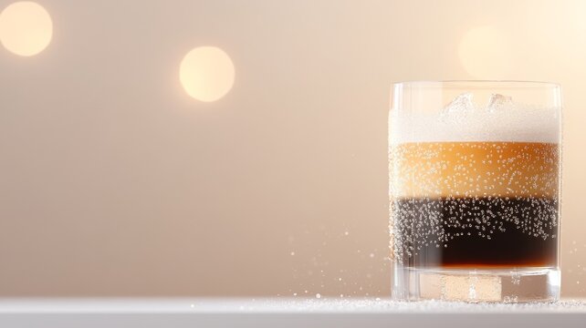 A close-up of a glass of Carajillo, showing layers of dark espresso and golden Licor 43 over ice cubes