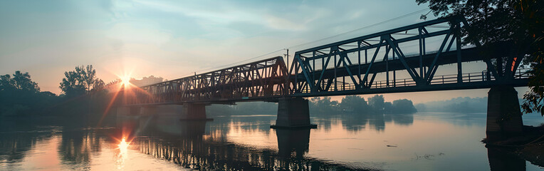 Fototapeta premium Captivating Aerial Image of a Railway Bridge and Its Mirror-Like Reflection on a Serene River 