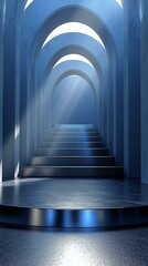 Mystical blue light illuminating arched stone staircase in atmospheric space