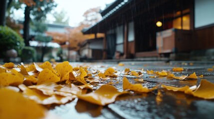 雨に濡れた日本の伝統的な通りの紅葉