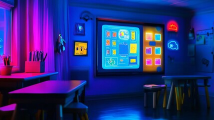 Futuristic Classroom with Neon Lights and Interactive Display