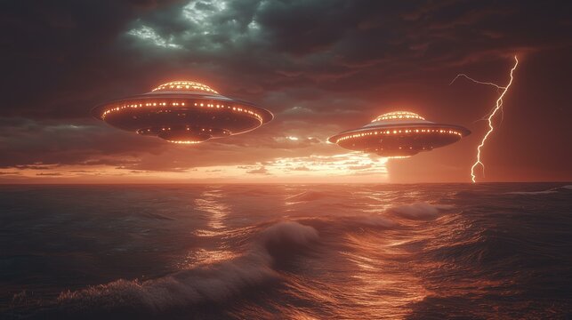 Glowing ufos hovering over ocean with dramatic lightning and stormy skies