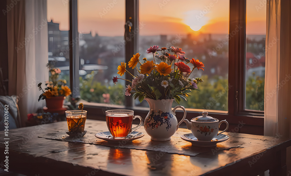 Poster a table with a vase of flowers and two cups of tea