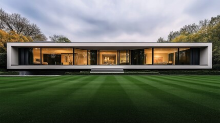 Modern minimalist house with large glass windows surrounded by manicured lawn and trees, showcasing a sleek architectural design with evening interior lighting.