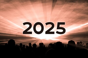 Happy new year 2025 orange laser show party people crowd. Luxury entertainment with audience silhouettes turn of the year celebration. Premium nightlife event at holidays season party time