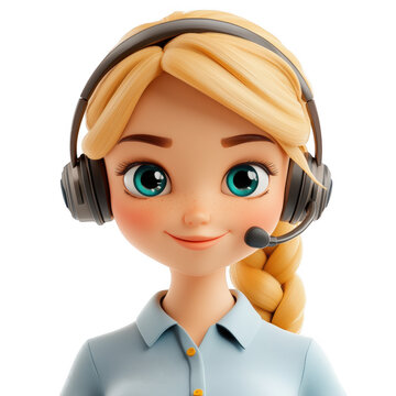 3d cute icon young friendly female call center agent with headset. Smiling cartoon woman operator in headphones with mic working in office talk with client on isolated on transparent png background
