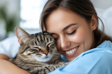 A woman smiles warmly while cuddling her cat on a cozy couch in a sunlit living room