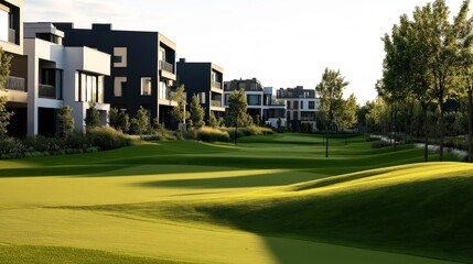 Modern residential area with contemporary houses and a landscaped green space, featuring manicured lawns and trees, under soft natural light in a suburban environment.