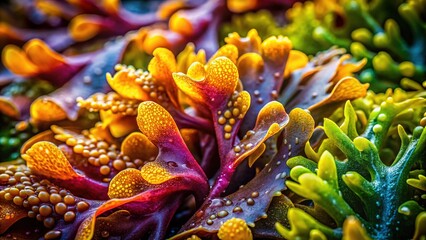 Close-up: colorful seaweed, detailed patterns, edible art.