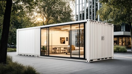 Modern office space inside a repurposed shipping container with glass walls, set in an urban park environment with trees and nearby buildings.