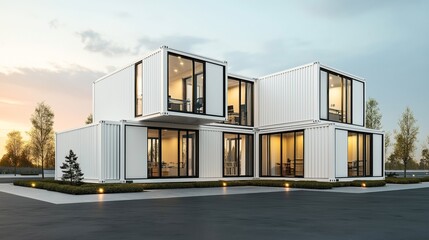 Obraz premium Modern building constructed from stacked white shipping containers with large glass windows, situated in a landscaped area during sunset.