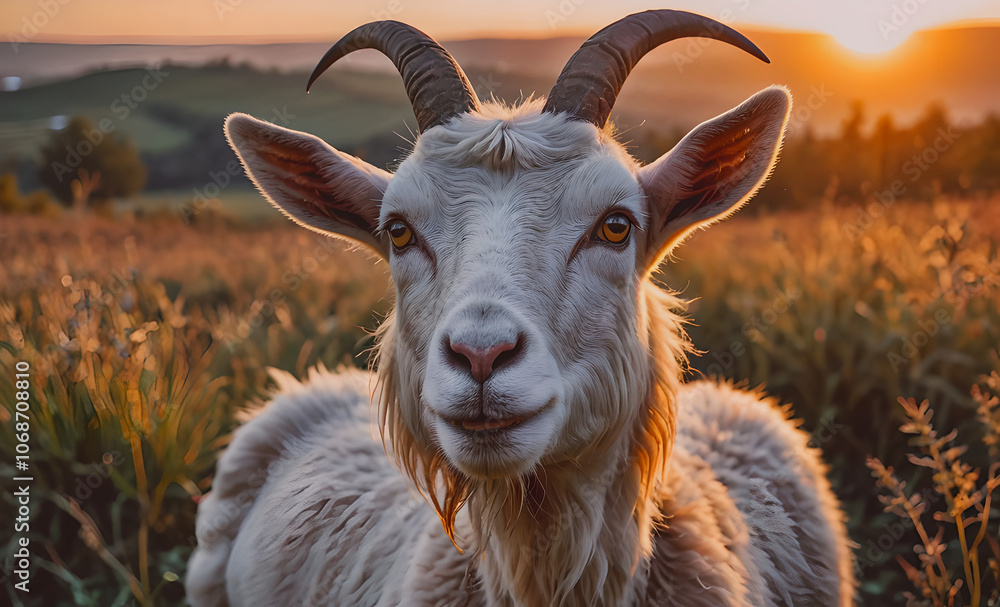 Poster a goat with horns is standing in a field
