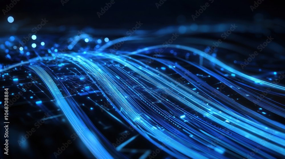 Poster abstract blue lines flow in a wave pattern on a black background with glowing blue lights.