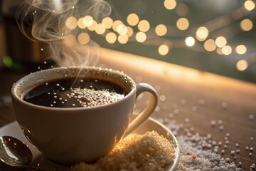 Obraz premium Coffee with Sugar, Bokeh, Delicious, Close-up, Artistic, Creamy, Sweet, Morning, Focus, Warm, Aroma, 