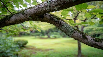 Fototapeta premium 静かな森の風景の中にある苔むした枝と緑豊かな葉