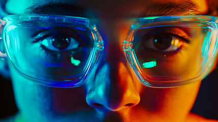 Close-up shot of a person wearing sleek AR glasses, focusing on the futuristic design of the glasses as they display digital information overlaid in front of the wearers eyes.