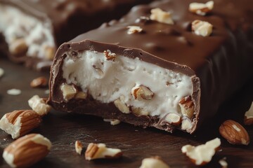 A close-up of a bite taken out of a chocolate-dipped ice cream bar with nuts. 