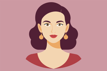 Illustration of a woman with brown eyes, black hair, and red lips wearing earrings and a colorful top, set against a pink gradient background.