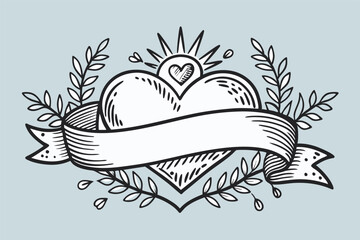 A hand-drawn heart illustration with customizable elements, surrounded by natural motifs, outlined in black on a light green background, exudes simplistic artistic charm.