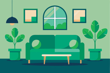 Flat design living room with a green sofa, pillows, coffee table, potted plants, framed paintings, and wooden floors.