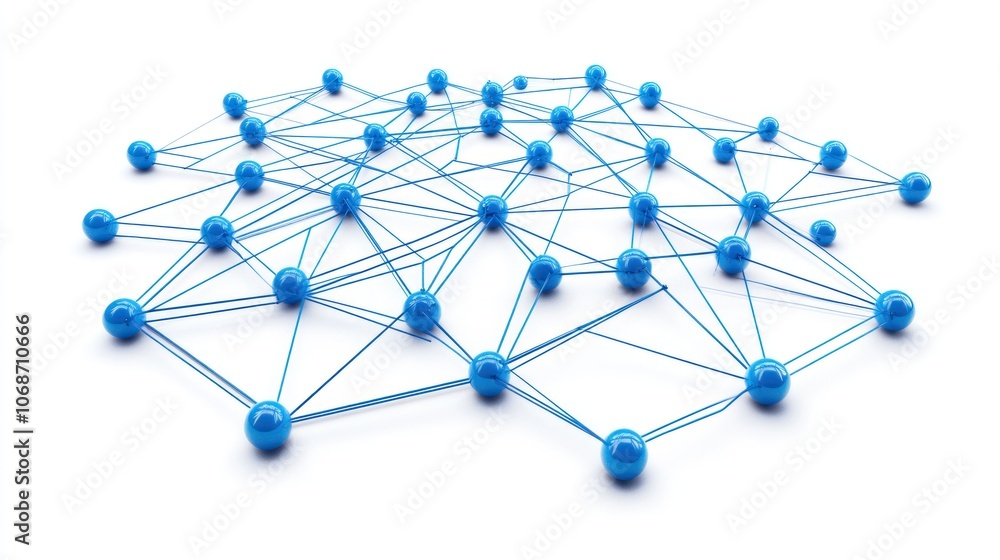 Poster abstract 3d rendering of a network of interconnected blue spheres.