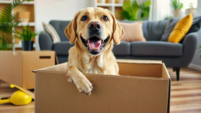 Happy dog in cardboard box on moving day at home