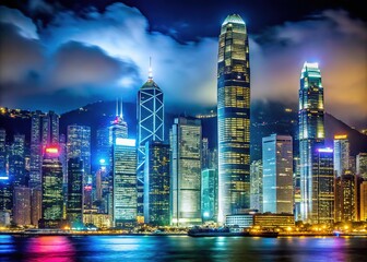 Fototapeta premium Dark and dramatic cityscape, towering skyscrapers pierce the night.