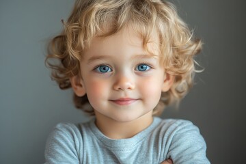 Young child with curly hair and bright blue eyes smiles warmly against a neutral background