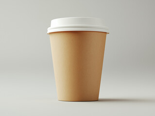 A plain brown coffee cup with a white lid standing upright on a smooth surface against a soft gray background