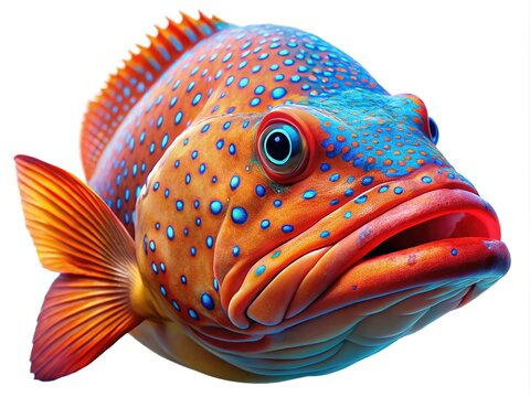 Detailed, white-background portrait of a coral trout, photorealistic AI art.