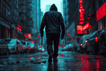 Obraz premium Mysterious figure walking through rain-soaked city streets at night
