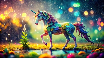 Fototapeta premium Double-exposed unicorn, paper art, rainy day.