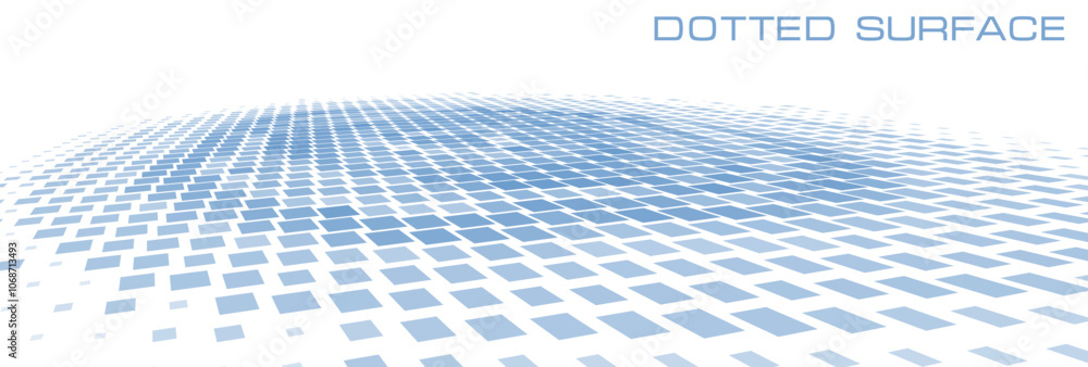 Poster perspective dotted surface by blue squares on white background. geometric vector graphics