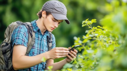 Fototapeta premium Young Explorer Using Smartphone in Nature