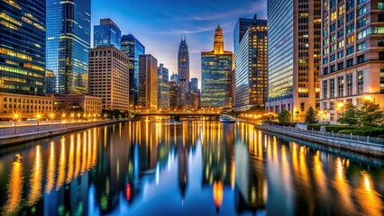 Obraz premium Downtown Chicago, river reflections. Night photography.