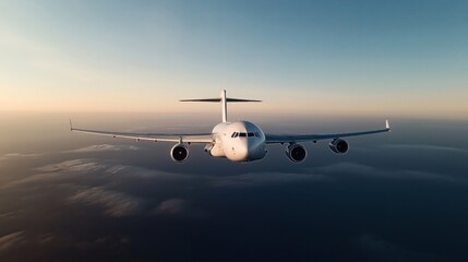 Front view of a large commercial passenger airplane flying at high altitude during sunset with a clear sky and minimal cloud coverage.