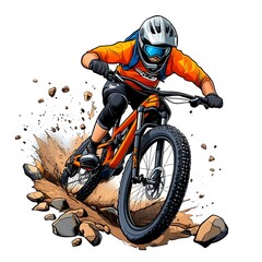 Obraz premium Mountain Biker Riding Down Rocky Trail
