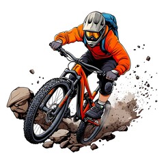 Obraz premium Cartoon Mountain Biker Riding Down Rocky Trail