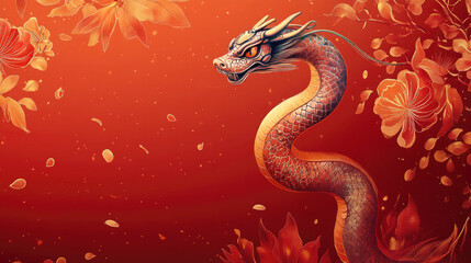 Fototapeta premium greeting cards Chinese dragon in a floral setting on an orange background, symbolizing strength and prosperity in the Chinese New Year celebration...