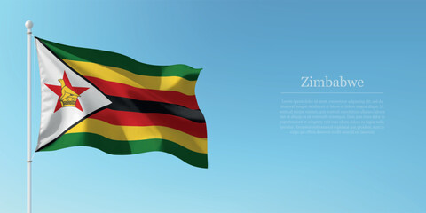 Waving Flag of Zimbabwe Against Clear Blue Sky Copyspace