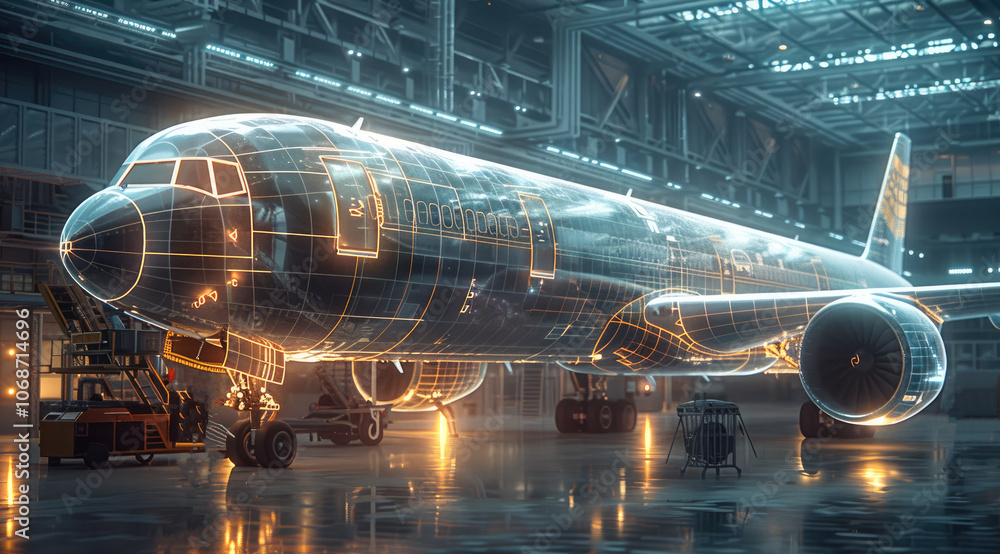 Poster A large airplane being designed in an industrial setting with holographic wireframe blueprints floating around it.