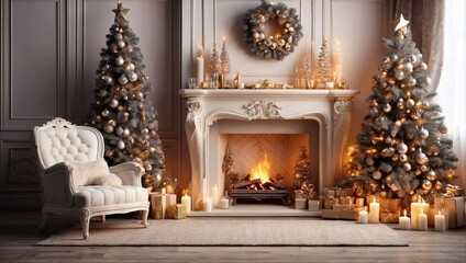 Fototapeta premium fireplace with christmas decorations